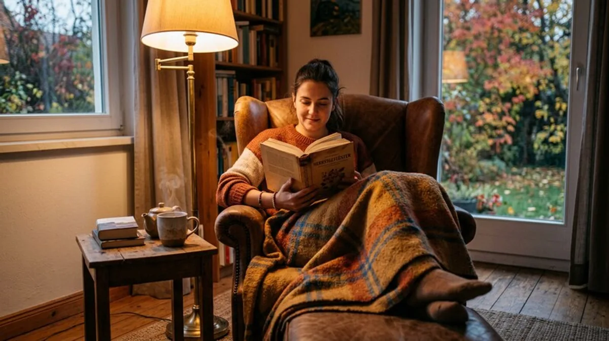 Book Open Reading Armchair Lamp Warm Herbst Tea Blanket