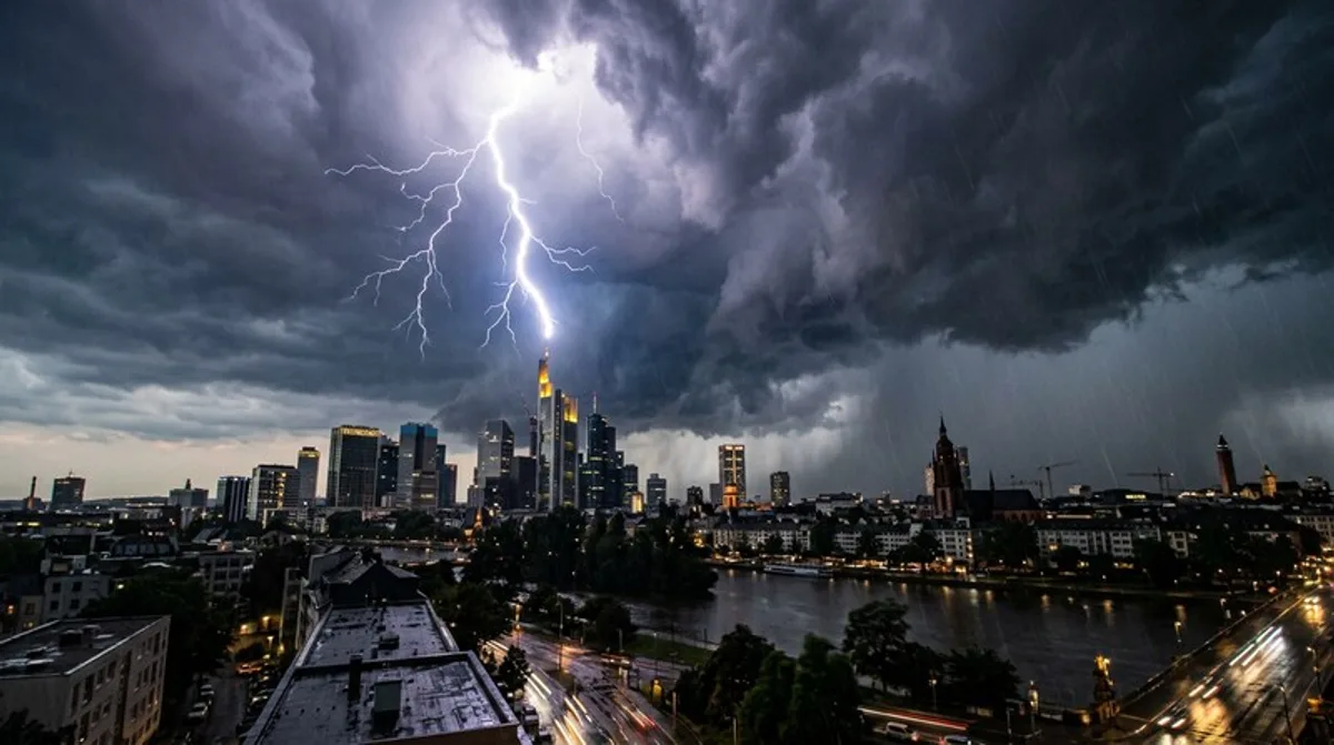 Extremwetter Gewitter Blitz Stadtsilhouette Klimawandel Unwetter