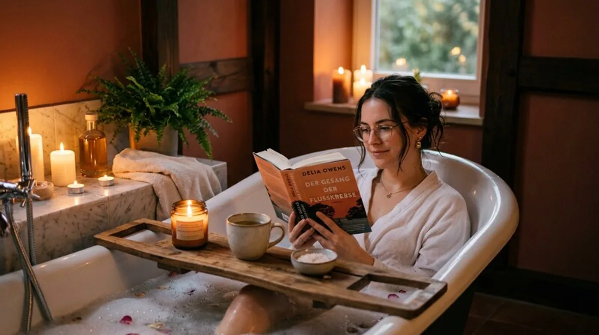 Frau Buch Reading Badewanne Entspannung Candles Abend