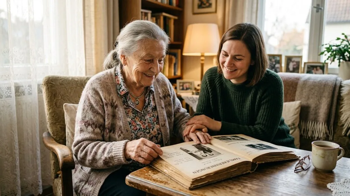 Grossmutter Enkelin Familie Erinnerungen Fotoalbum Gemeinsam Wohn Zimmer