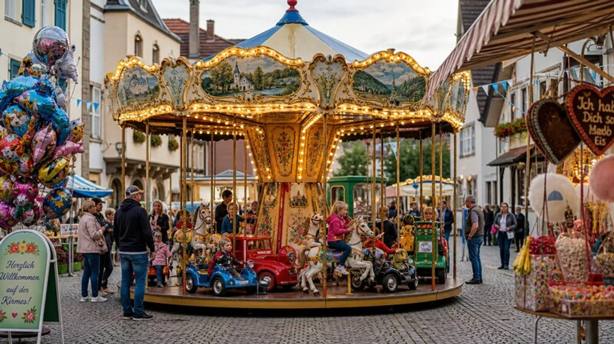 Karussell Markt Alt Town Blumen Personen Fest Jahrmarkt