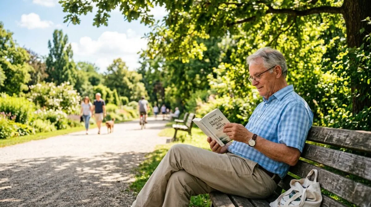 Mann Liest Buch Park Bank Sommer Ruhe Sonnenschein