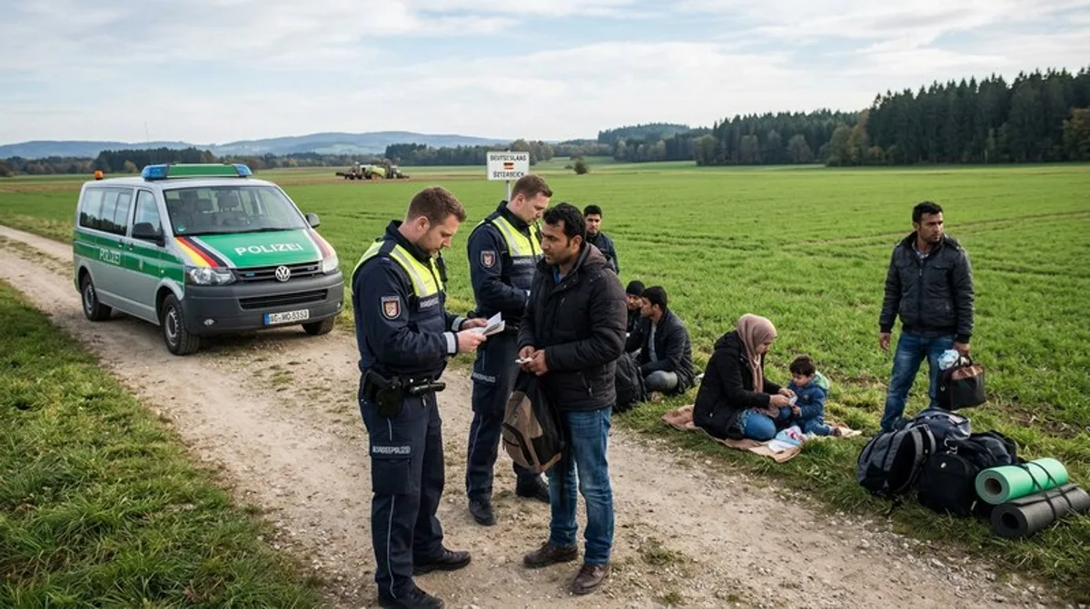 Polizei Kontrolle Migranten Grenze Feldweg Gruenes Feld Uniformen