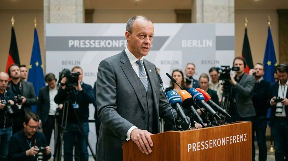 Merz Pressekonferenz Bundeskanzler Berlin Mikrofon Rede