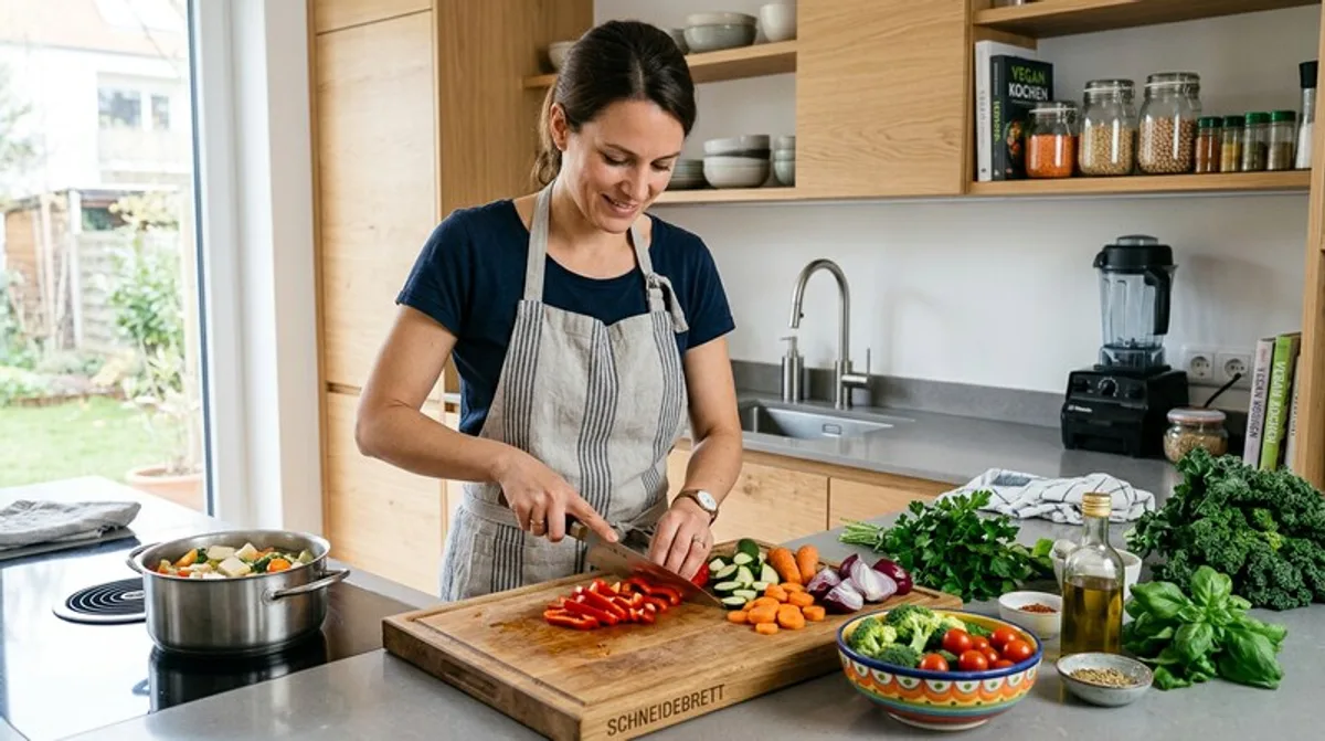 Vegan Kochen Gemüse Messer Schneidebrett Kueche Modern Zennews24